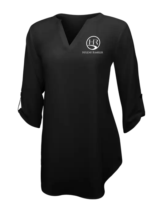 Womens Black 3/4 Sleeve Tunic Blouse w/Holiday Rambler Logo
