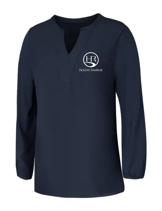 Mercer+Mettle Womens Navy Stretch Crepe 3/4 Sleeve Blouse w/Holiday Rambler Logo
