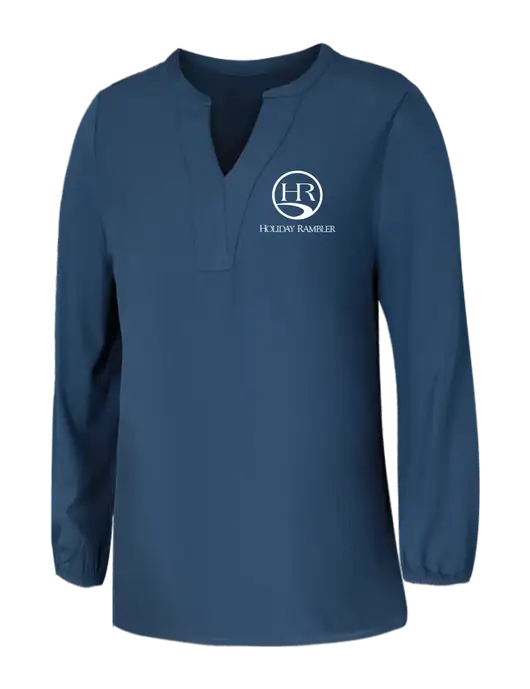 Mercer+Mettle Womens Light Navy Blue Grey Stretch Crepe 3/4 Sleeve Blouse w/Holiday Rambler Logo