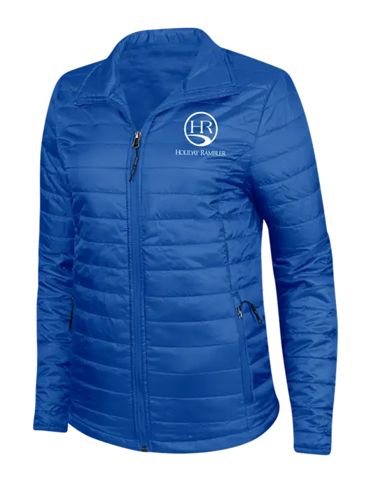 Dark Royal Blue Womens Puffy Packable Jacket w/Holiday Rambler Logo