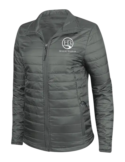 Dark Grey Womens Puffy Packable Jacket w/Holiday Rambler Logo