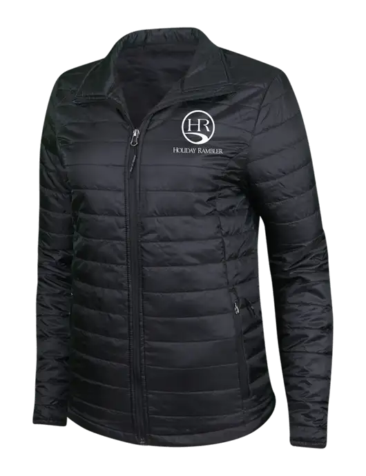 Womens Black Puffy Packable Jacket w/Holiday Rambler Logo